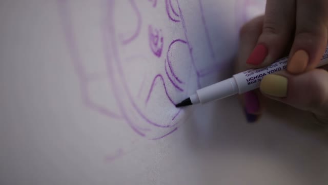 The Woman Draws A Car On Fabric With Markers