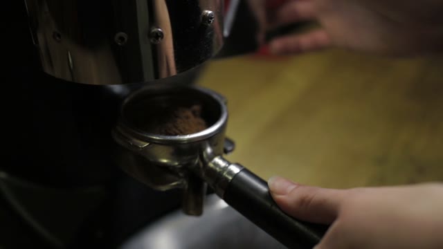 Barista Pours Ground Coffee In Holder Coffee Machine, Close-up