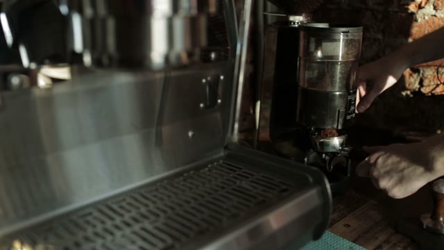 Barista Pours Ground Coffee In Holder Coffee Machine, Close-up