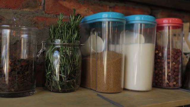 Glass Jars With Cereals And Spices, Close-up