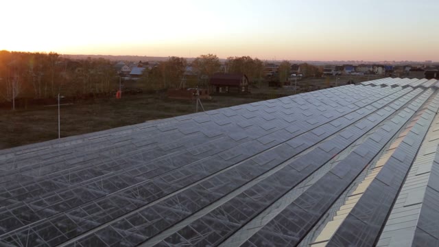 Panorama Roof A Huge Greenhouse. Reflection Of The Sun's Rays At The Corners Of
