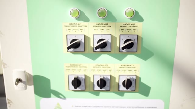 Green Switchboard With Buttons And Switches On The Production
