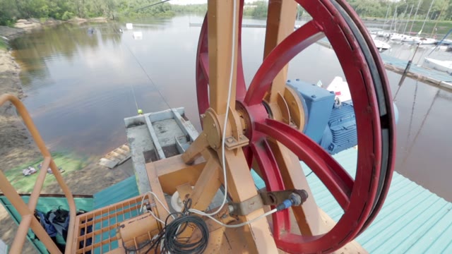 Reversible Winch Closeup. In The Background Wakeboarder Rides