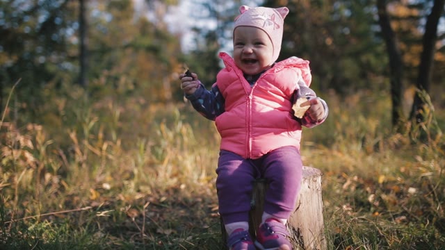 Little Cute Girl Sitting On A Stump And Holding A Leaf In The Park