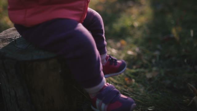 Little Cute Girl Sitting On A Stump And Holding A Leaf