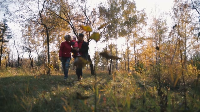 Happy Family With Small Child Walking In The Autumn Forest.