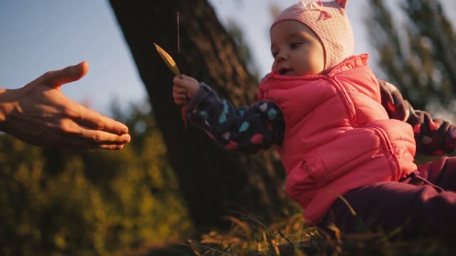 Babe Sits On Autumn Field. Near The Hand Of His Father.