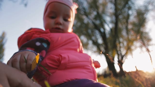 Little Girl Sitting At The Autumn Meadow, The Sun Shines On It. Autumn Sunset.
