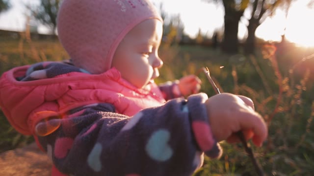 Girl In The Autumn Meadow Playing With A Stick. Beautiful Autumn Sunset.