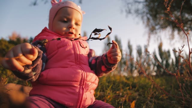 The Little Girl At The Autumn Meadow Holding A Twig. Fabulous Fall.