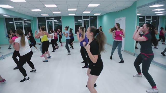 Girls In The Gym In Front Of The Mirror Doing Fitness.