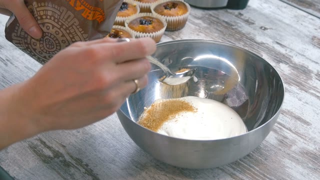 Cooking Cream. Add The Brown Sugar In The Cream. Close-up.