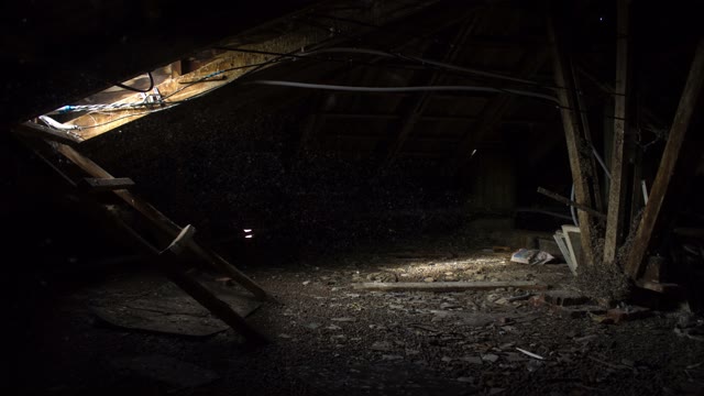 Sun's Rays On A Dark Attic. Timelapse