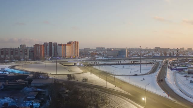 City Traffic, View Of The Road Bridge. Evening. Winter. Timelapse.