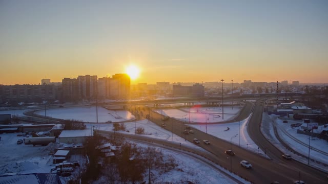 Road Transport Interchange. Winter. City Traffic. Timelapse.