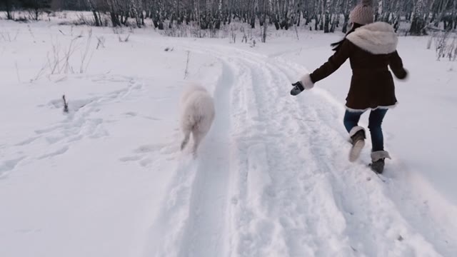 Cheerful Girl Runs With A White Dog. Winter. Slow Motin