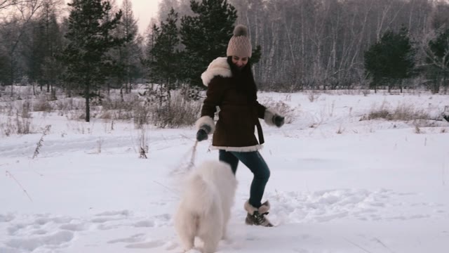 Young Girl Playing With A Dog In A Winter Field. Slow Motin