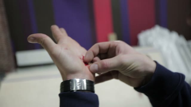 The Guy Pulls Out A Splinter. Licked Blood. Close-up