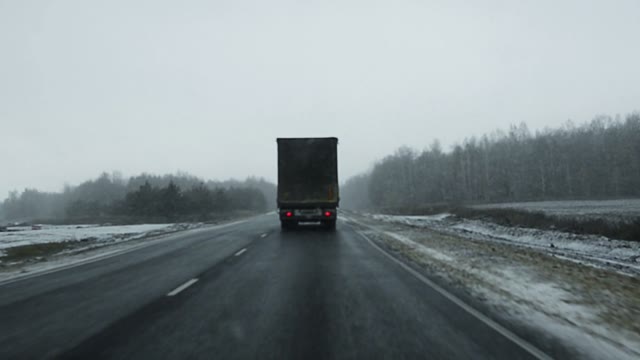 Ride By Car On The Highway In A Snowstorm