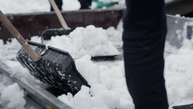 Young People Throw Shovels Snow From The Van. Close-up