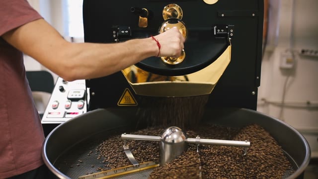 Barista Roasting Coffee Beans. Close-up