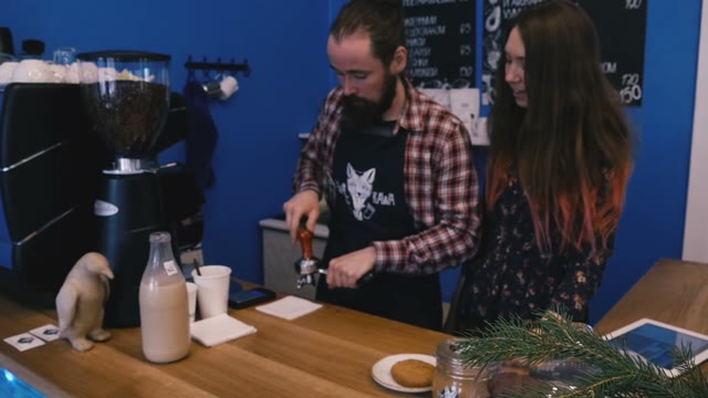 Barista Shows How To Operate The Coffee Machine. Slow Motion