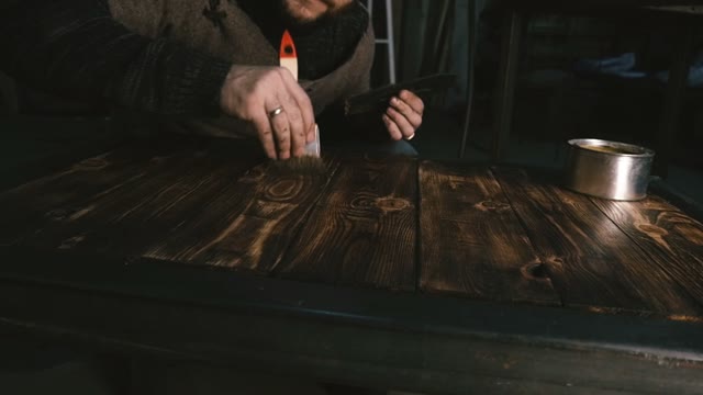 Carpenter Handles The Tabletop. Close-up