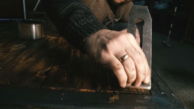 Carpenter Handles The Tabletop. Close-up