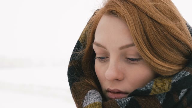 Girl With Blue Eyes Looking At The Sky. Slow Motion