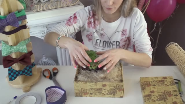 Girl Puts A Flower In A Gift Composition