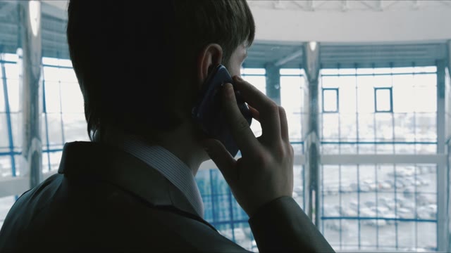 Businessman Talking On The Phone In The Elevator Going Down