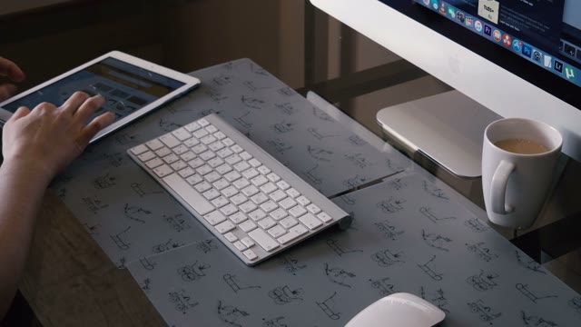 Pretty Girl Works On The Computer And A Tablet