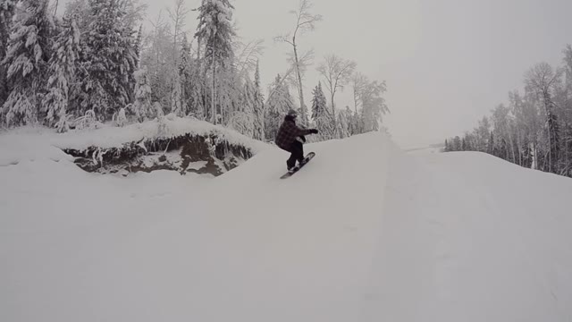 Snowboarder Jumping From Kicker Then Slides On The Rail