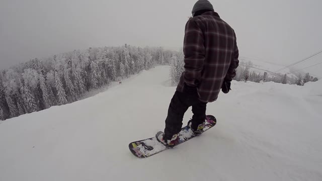 Snowboarder Starts To Move Down The Slope In Snowpark