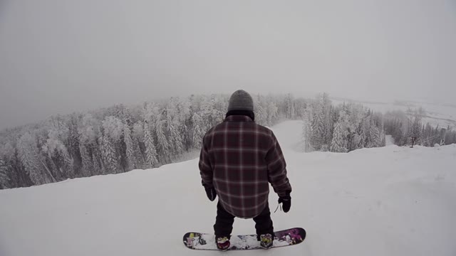 Snowboarder Starts To Move Down The Slope In Snow Park
