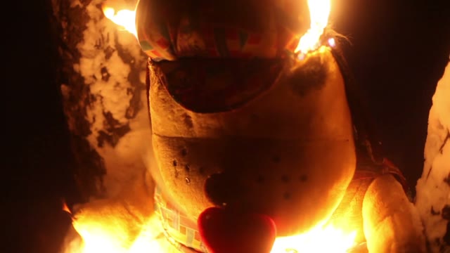 Large Plush Dog Toy Burning In The Snowy Forest At Night