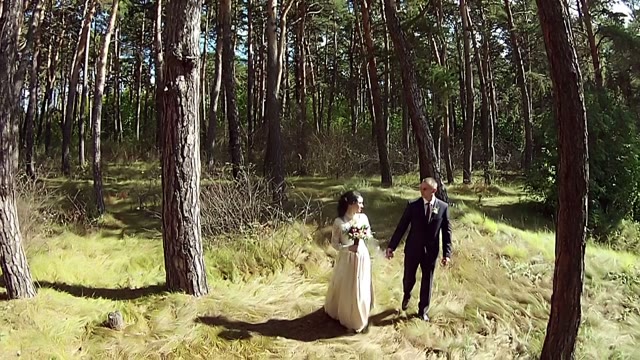 The Bride And Groom Are Walking In The Forest