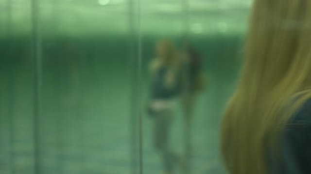 Attractive Blond Woman Walking In A Glass Maze