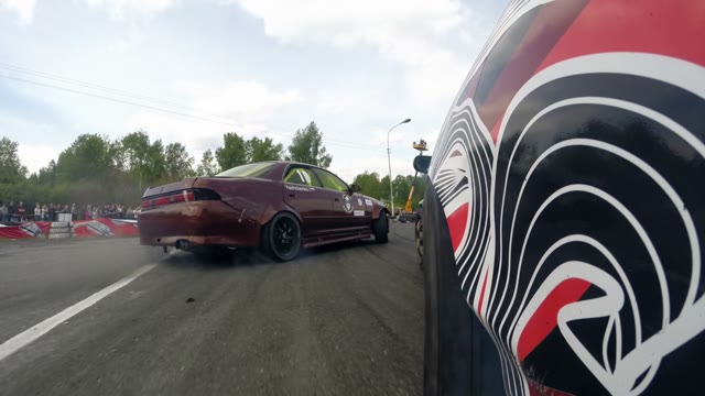 Drift Racing Outdoors, View From The Rear Wheel