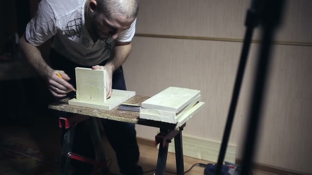 Male Worker Makes Blanks For Wooden Boxes