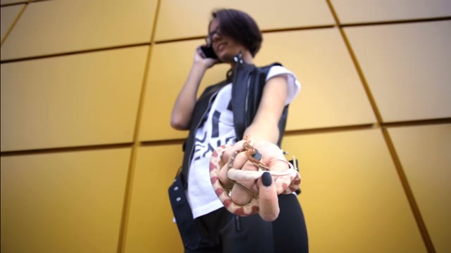 Fascinating Young Girl Talking On The Phone Holding A Snakes In His Hand