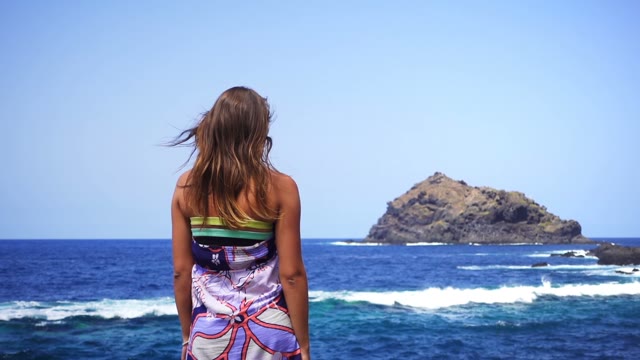 Beautiful Woman In A Dress Standing By The Sea