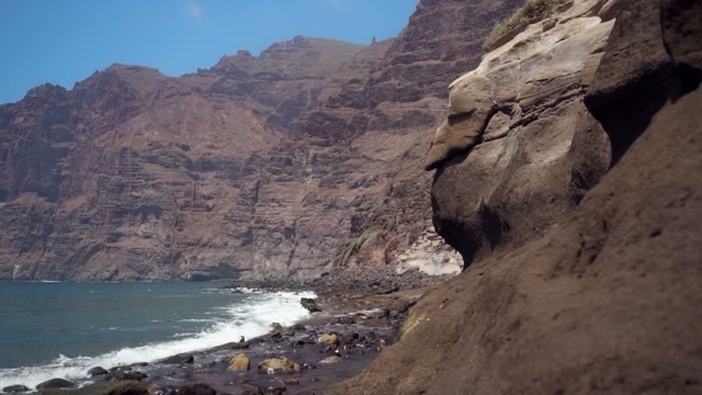Waves Beating Against The Shore Near Mountain