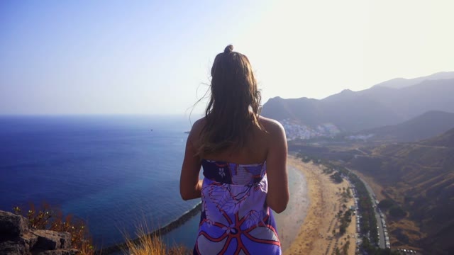 Girl Stands Shore Blue Sea