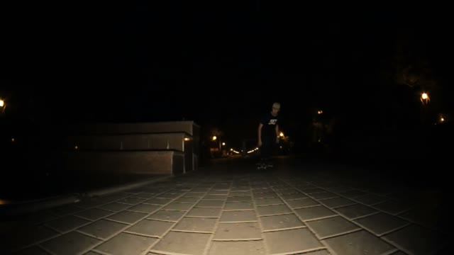 Skateboarder Doing Tricks And Slides On The Brink In The Night City