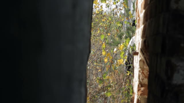 Man Walks With Retro Camera In The Wood