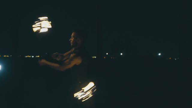Adult Muscular Guy In A Fire Show At Night