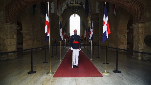 A Soldier Stands Between The Dominican Flag