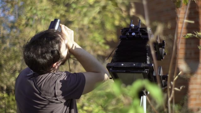 Man With Retro Camera Among Green Trees