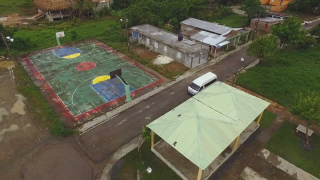 View From The Air On A Deserted Playground And A Small City On An Overcast Day